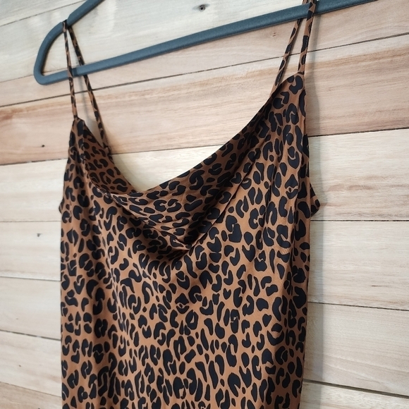 Good American Brown Black Chai Leopard Satin Midi Slip Dress woven Intimate - Picture 10 of 16